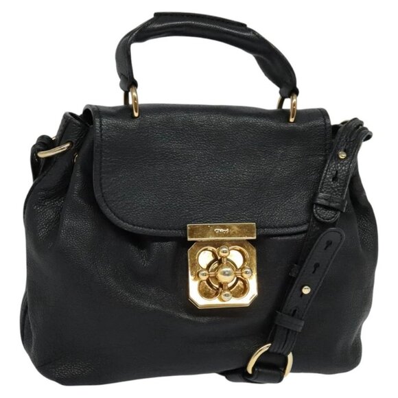 Chloe Elsie Hand Bag Leather 2way Black Gold Auth - Picture 1 of 16